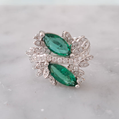 1.73ct Marquise Emerald and Diamond Two Stone Toi et Moi Crossover Cluster Dress Ring