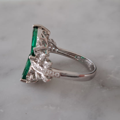 1.73ct Marquise Emerald and Diamond Two Stone Toi et Moi Crossover Cluster Dress Ring