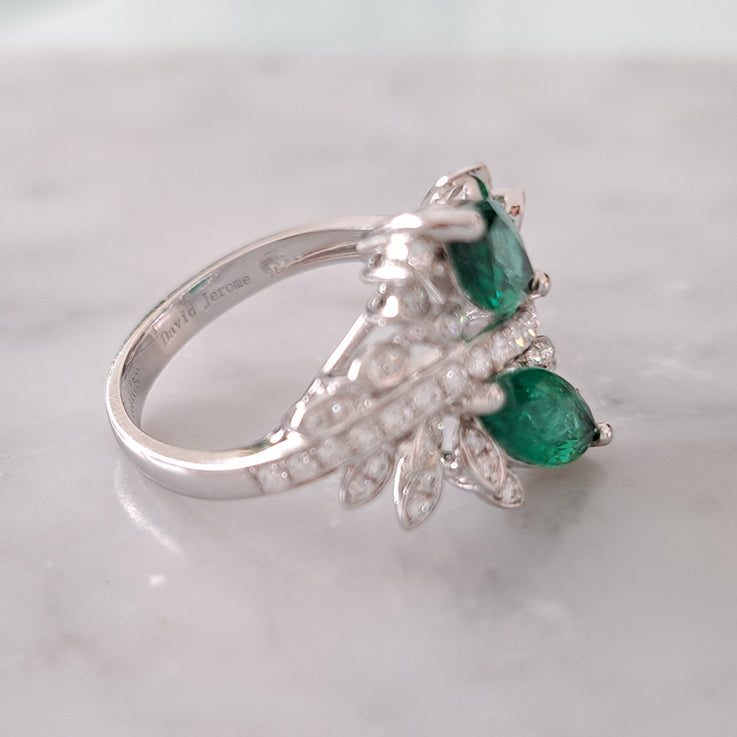 1.73ct Marquise Emerald and Diamond Two Stone Toi et Moi Crossover Cluster Dress Ring