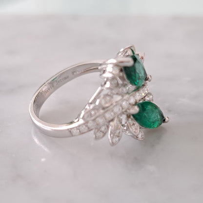 1.73ct Marquise Emerald and Diamond Two Stone Toi et Moi Crossover Cluster Dress Ring