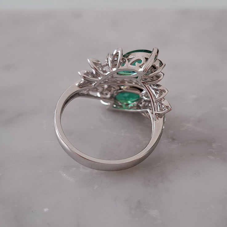 1.73ct Marquise Emerald and Diamond Two Stone Toi et Moi Crossover Cluster Dress Ring