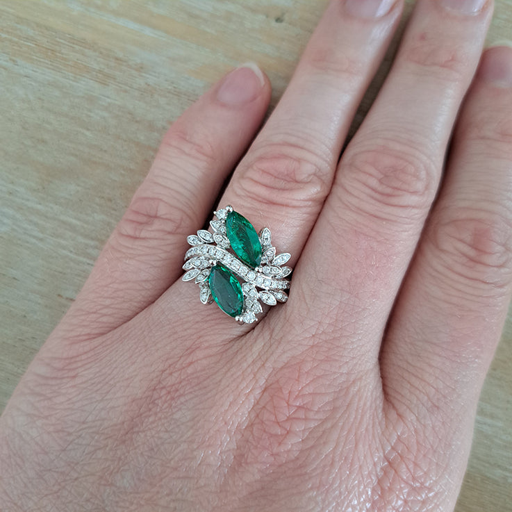 1.73ct Marquise Emerald and Diamond Two Stone Toi et Moi Crossover Cluster Dress Ring