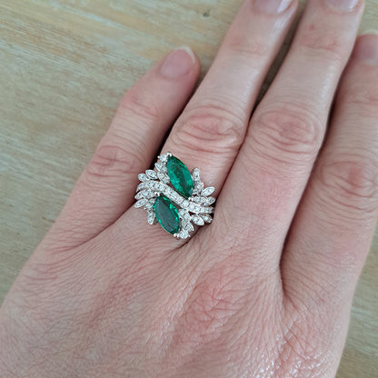 1.73ct Marquise Emerald and Diamond Two Stone Toi et Moi Crossover Cluster Dress Ring