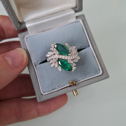 1.73ct Marquise Emerald and Diamond Two Stone Toi et Moi Crossover Cluster Dress Ring