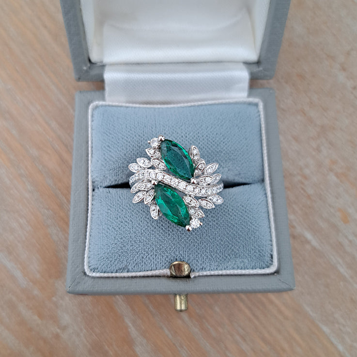 1.73ct Marquise Emerald and Diamond Two Stone Toi et Moi Crossover Cluster Dress Ring