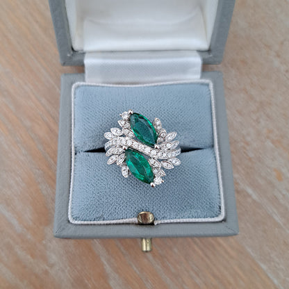 1.73ct Marquise Emerald and Diamond Two Stone Toi et Moi Crossover Cluster Dress Ring