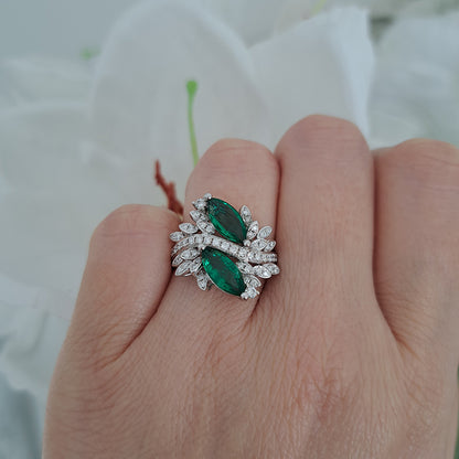 1.73ct Marquise Emerald and Diamond Two Stone Toi et Moi Crossover Cluster Dress Ring