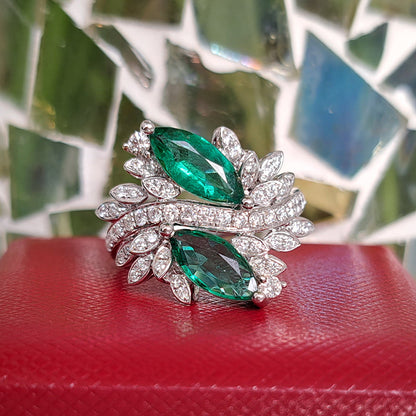 1.73ct Marquise Emerald and Diamond Two Stone Toi et Moi Crossover Cluster Dress Ring