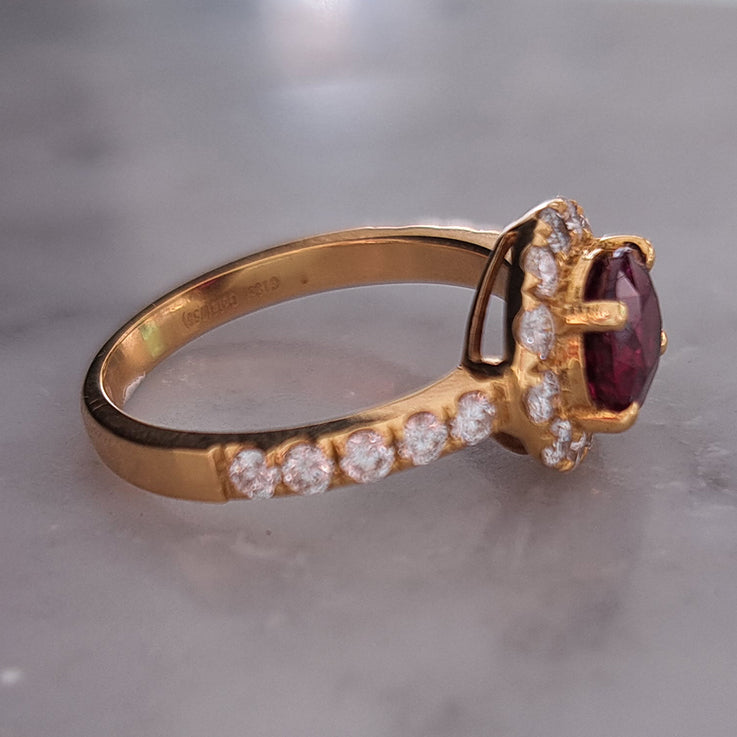 1.53ct Burma Ruby and Diamond Cluster Engagement Ring in 18ct Yellow Gold