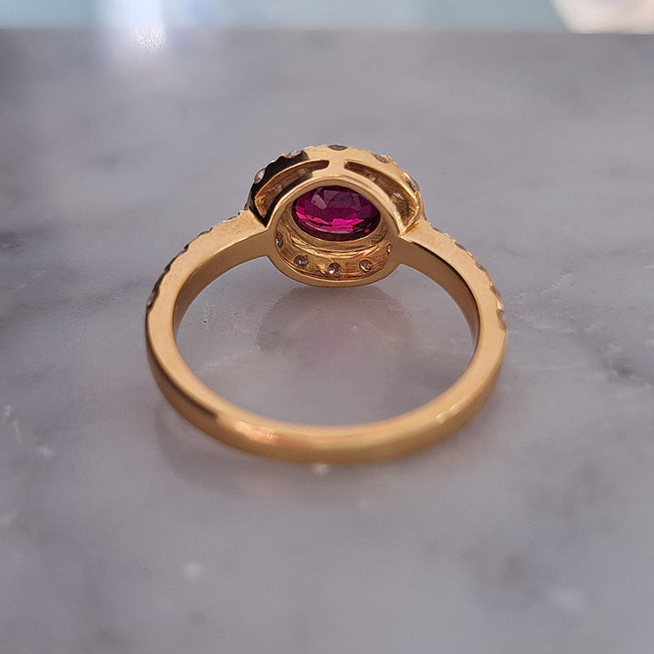 1.53ct Burma Ruby and Diamond Cluster Engagement Ring in 18ct Yellow Gold