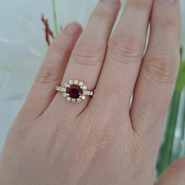 1.53ct Burma Ruby and Diamond Cluster Engagement Ring in 18ct Yellow Gold