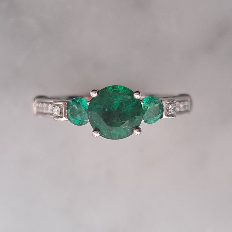 Modern 1.44ct Emerald Three Stone Engagement Ring with Diamond Shoulders