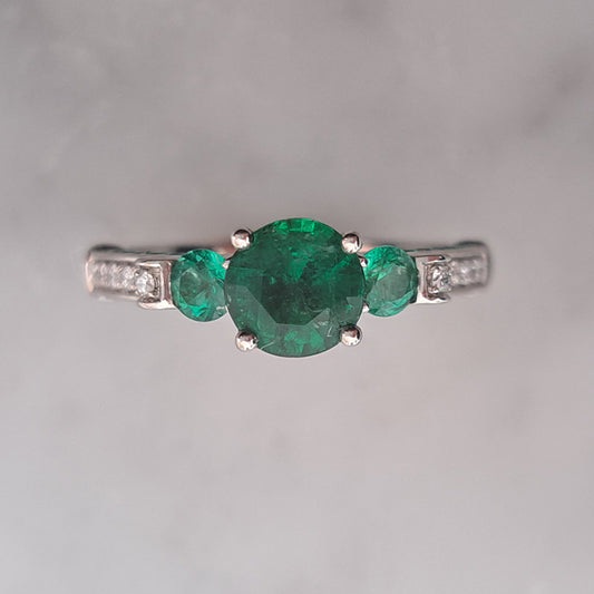 Modern 1.44ct Emerald Three Stone Engagement Ring with Diamond Shoulders
