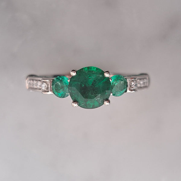 Modern 1.44ct Emerald Three Stone Engagement Ring with Diamond Shoulders