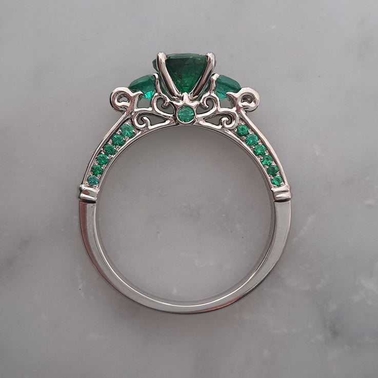 Modern 1.44ct Emerald Three Stone Engagement Ring with Diamond Shoulders