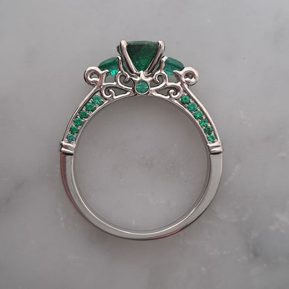 Modern 1.44ct Emerald Three Stone Engagement Ring with Diamond Shoulders