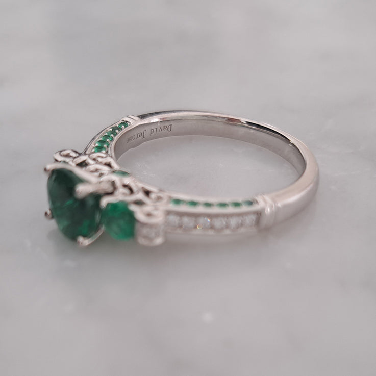 Modern 1.44ct Emerald Three Stone Engagement Ring with Diamond Shoulders