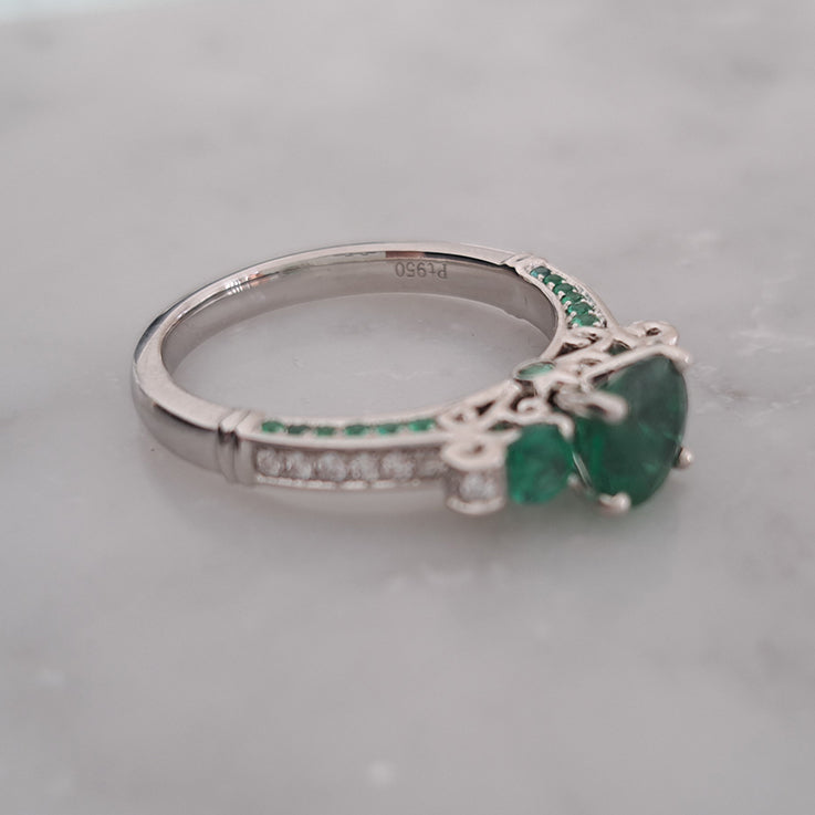 Modern 1.44ct Emerald Three Stone Engagement Ring with Diamond Shoulders