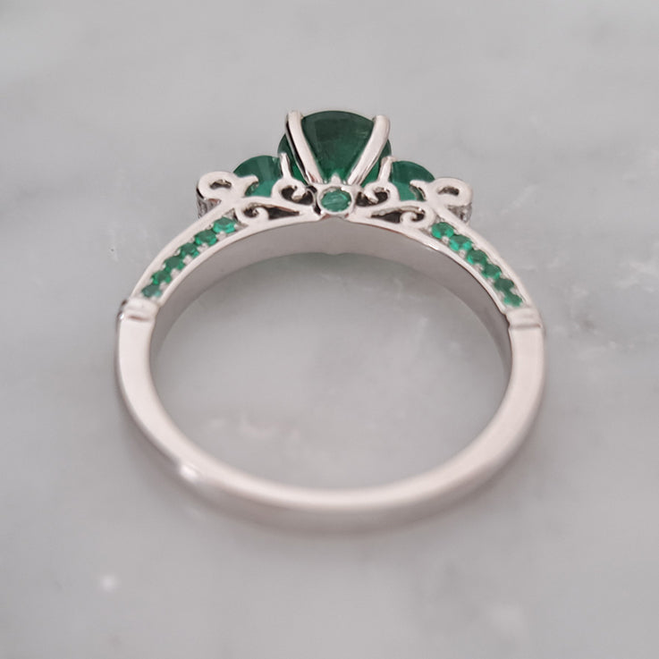 Modern 1.44ct Emerald Three Stone Engagement Ring with Diamond Shoulders