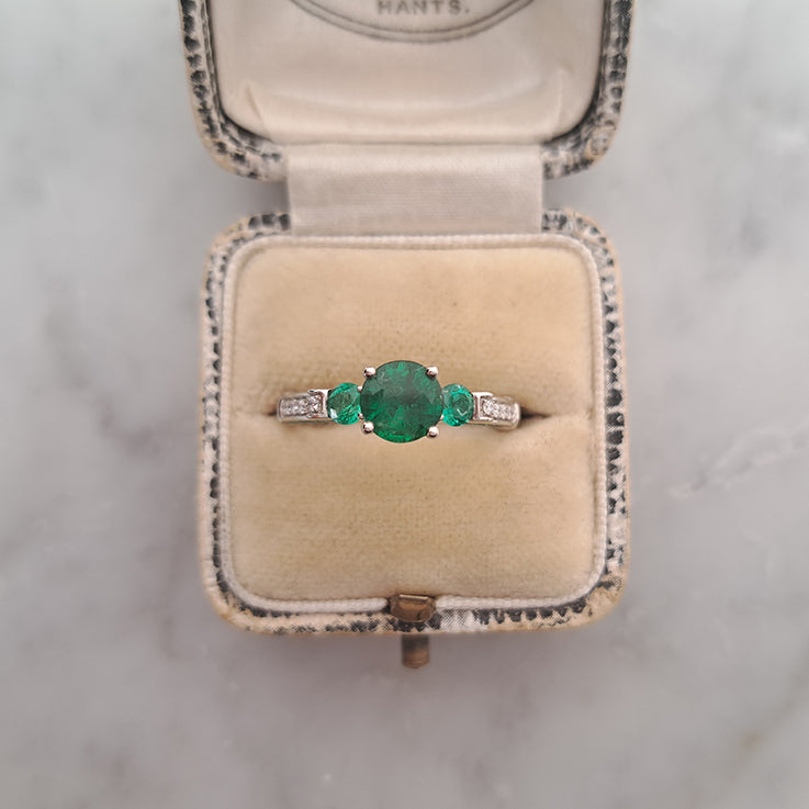 Modern 1.44ct Emerald Three Stone Engagement Ring with Diamond Shoulders