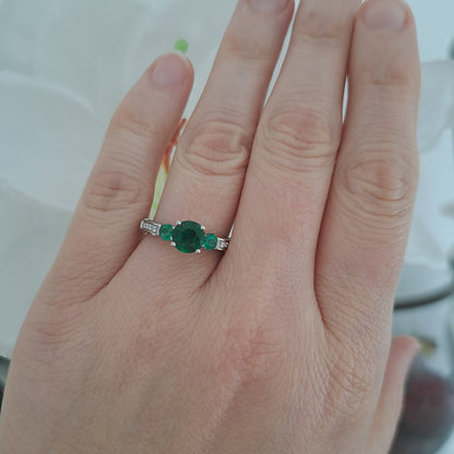 Modern 1.44ct Emerald Three Stone Engagement Ring with Diamond Shoulders