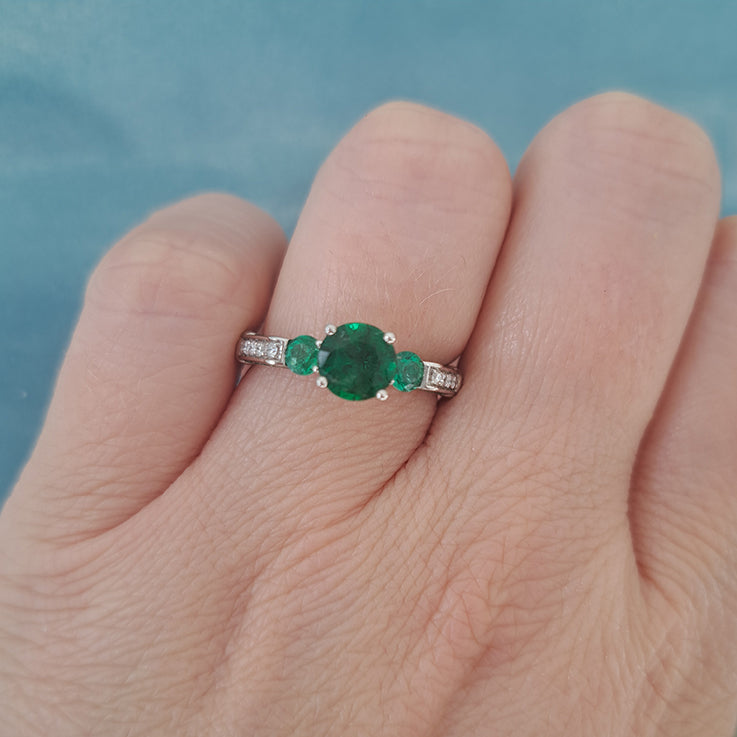 Modern 1.44ct Emerald Three Stone Engagement Ring with Diamond Shoulders