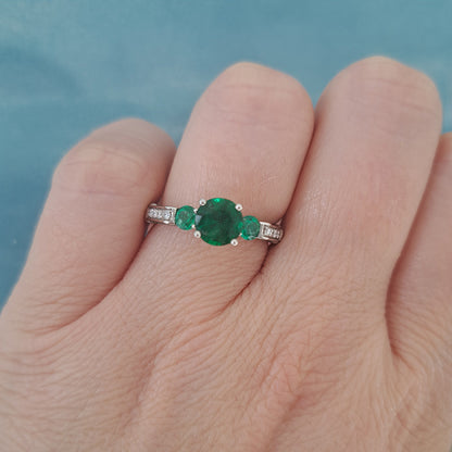 Modern 1.44ct Emerald Three Stone Engagement Ring with Diamond Shoulders