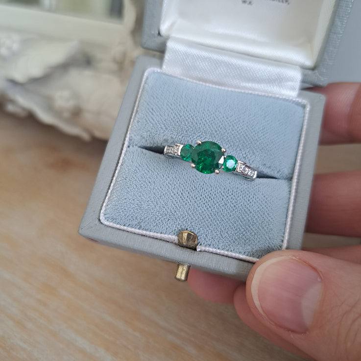 Modern 1.44ct Emerald Three Stone Engagement Ring with Diamond Shoulders