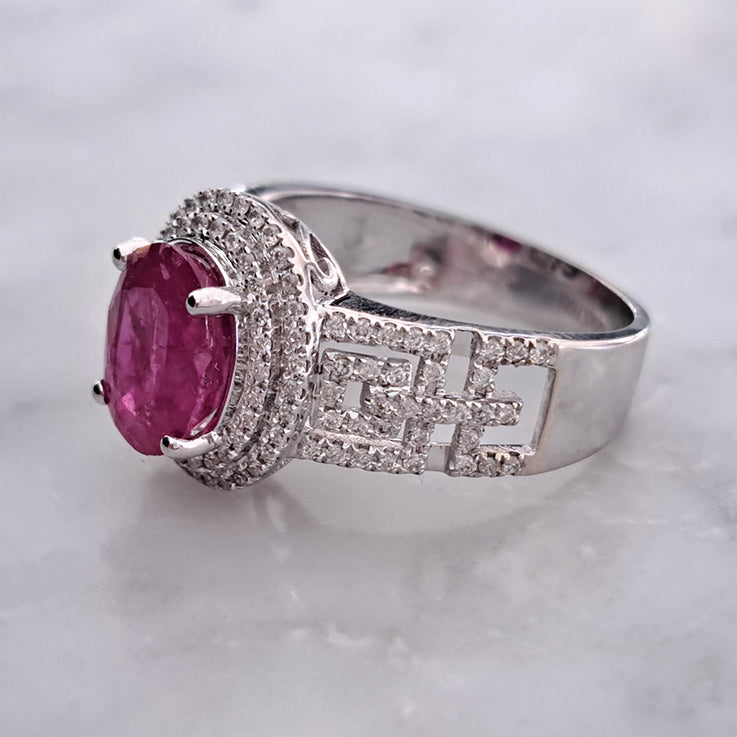 2.54ct Burma Ruby and Double Diamond Cluster Dress Ring on 18ct white gold openwork geometric band studded with sparkling diamonds