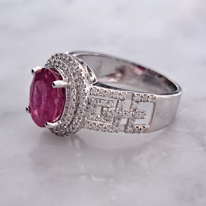 2.54ct Burma Ruby and Double Diamond Cluster Dress Ring on 18ct white gold openwork geometric band studded with sparkling diamonds