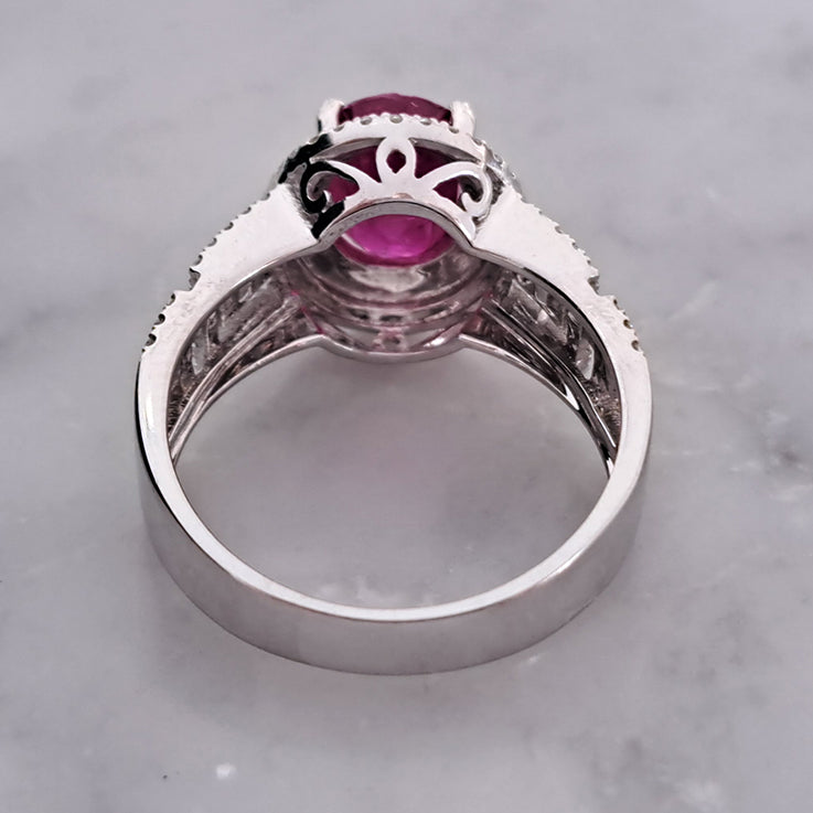 2.54ct Burma Ruby and Double Diamond Cluster Dress Ring on 18ct white gold openwork geometric band studded with sparkling diamonds