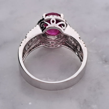 2.54ct Burma Ruby and Double Diamond Cluster Dress Ring on 18ct white gold openwork geometric band studded with sparkling diamonds