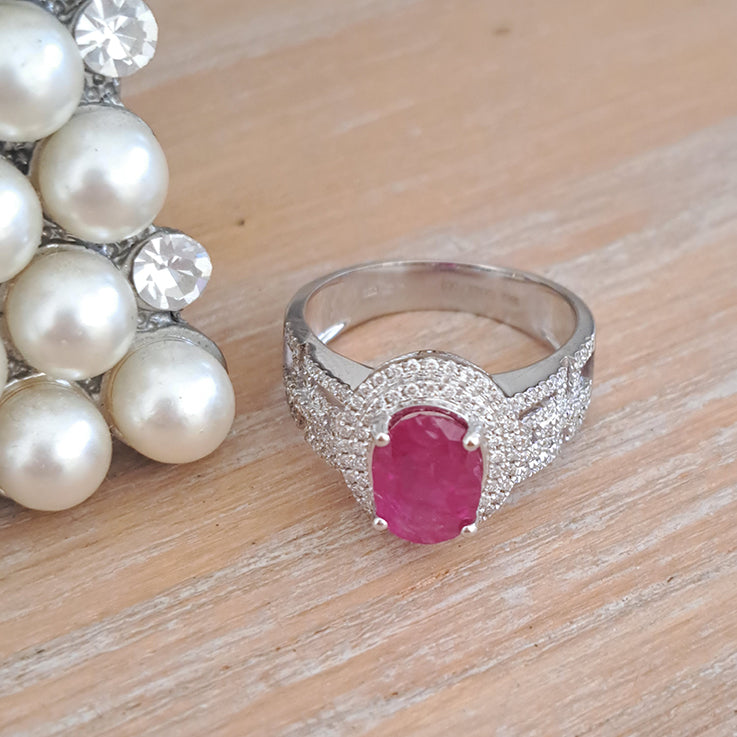 2.54ct Burma Ruby and Double Diamond Cluster Dress Ring on 18ct white gold openwork geometric band studded with sparkling diamonds