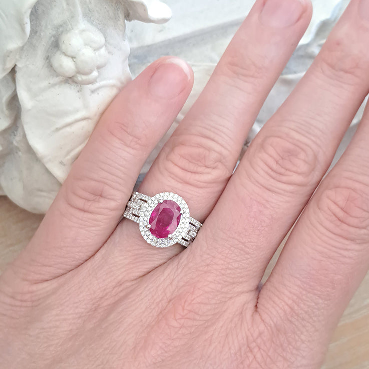 2.54ct Burma Ruby and Double Diamond Cluster Dress Ring on 18ct white gold openwork geometric band studded with sparkling diamonds