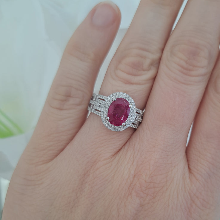 2.54ct Burma Ruby and Double Diamond Cluster Dress Ring on 18ct white gold openwork geometric band studded with sparkling diamonds