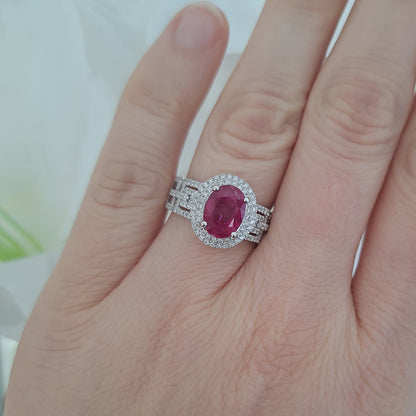 2.54ct Burma Ruby and Double Diamond Cluster Dress Ring on 18ct white gold openwork geometric band studded with sparkling diamonds