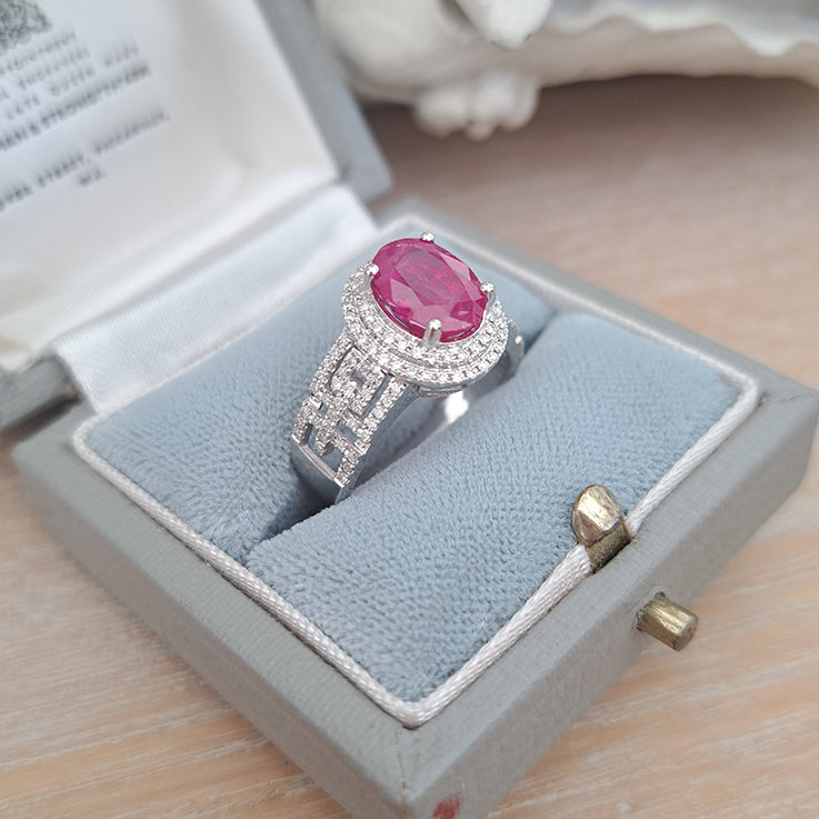 2.54ct Burma Ruby and Double Diamond Cluster Dress Ring on 18ct white gold openwork geometric band studded with sparkling diamonds