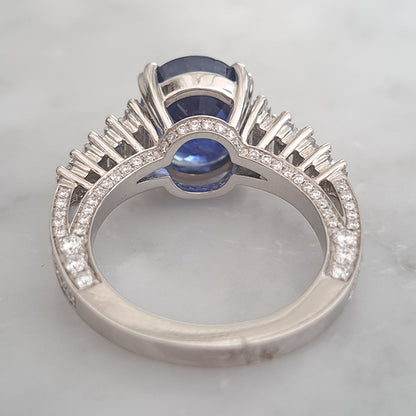 5.56ct Oval Sri Lanka Sapphire Solitaire Engagement Ring with Baguette Diamond Shoulders