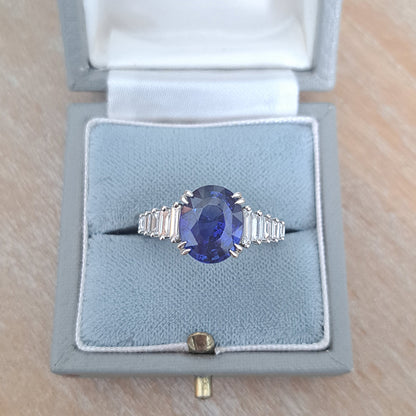 5.56ct Oval Sri Lanka Sapphire Solitaire Engagement Ring with Baguette Diamond Shoulders