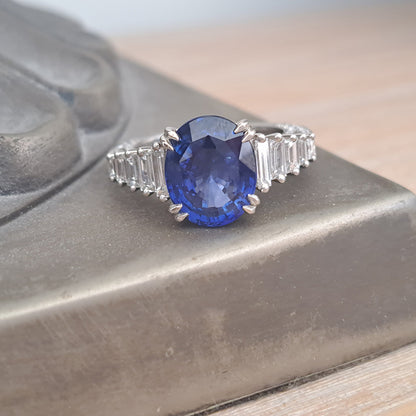 5.56ct Oval Sri Lanka Sapphire Solitaire Engagement Ring with Baguette Diamond Shoulders