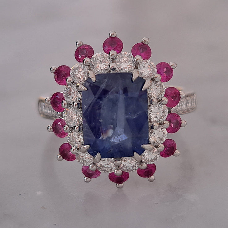 3.73ct Sri Lanka Sapphire Ruby and Diamond Cluster Dress Ring in Platinum