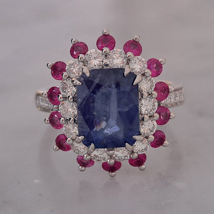 3.73ct Sri Lanka Sapphire Ruby and Diamond Cluster Dress Ring in Platinum