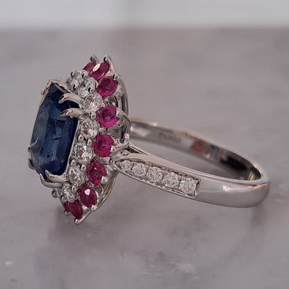 3.73ct Sri Lanka Sapphire Ruby and Diamond Cluster Dress Ring in Platinum