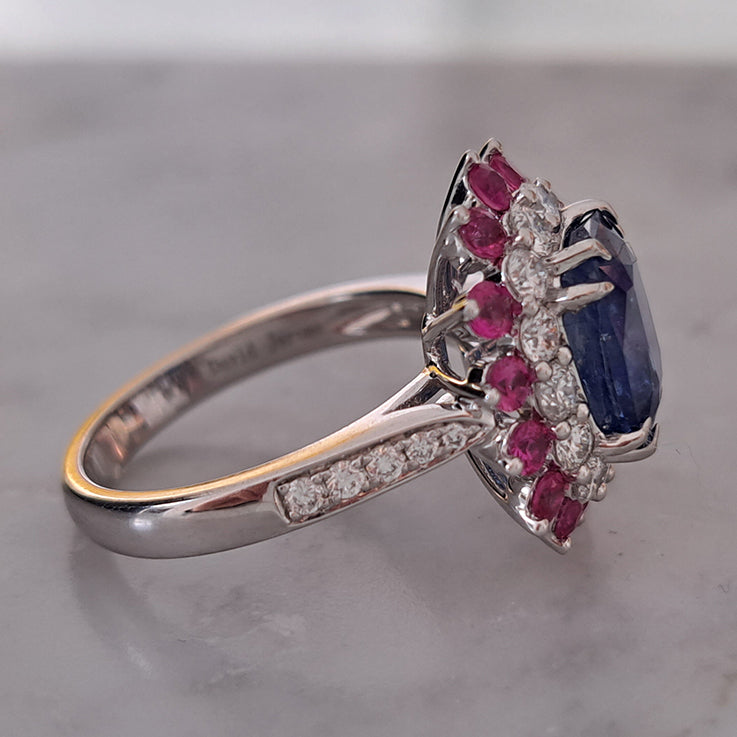 3.73ct Sri Lanka Sapphire Ruby and Diamond Cluster Dress Ring in Platinum