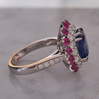 3.73ct Sri Lanka Sapphire Ruby and Diamond Cluster Dress Ring in Platinum