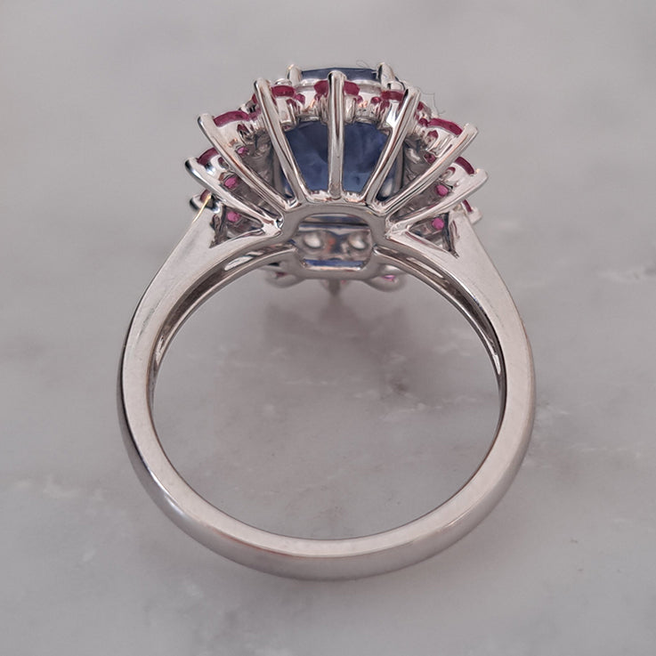 3.73ct Sri Lanka Sapphire Ruby and Diamond Cluster Dress Ring in Platinum