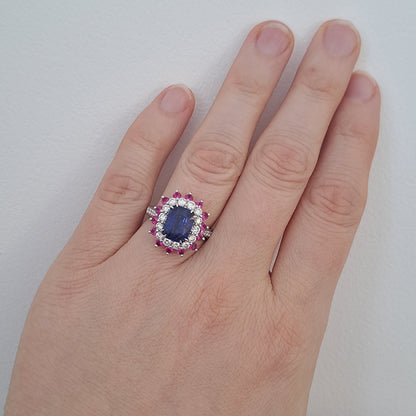 3.73ct Sri Lanka Sapphire Ruby and Diamond Cluster Dress Ring in Platinum