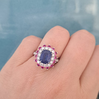 3.73ct Sri Lanka Sapphire Ruby and Diamond Cluster Dress Ring in Platinum