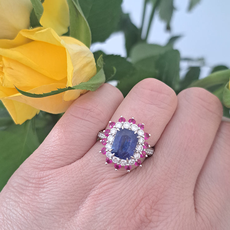 3.73ct Sri Lanka Sapphire Ruby and Diamond Cluster Dress Ring in Platinum