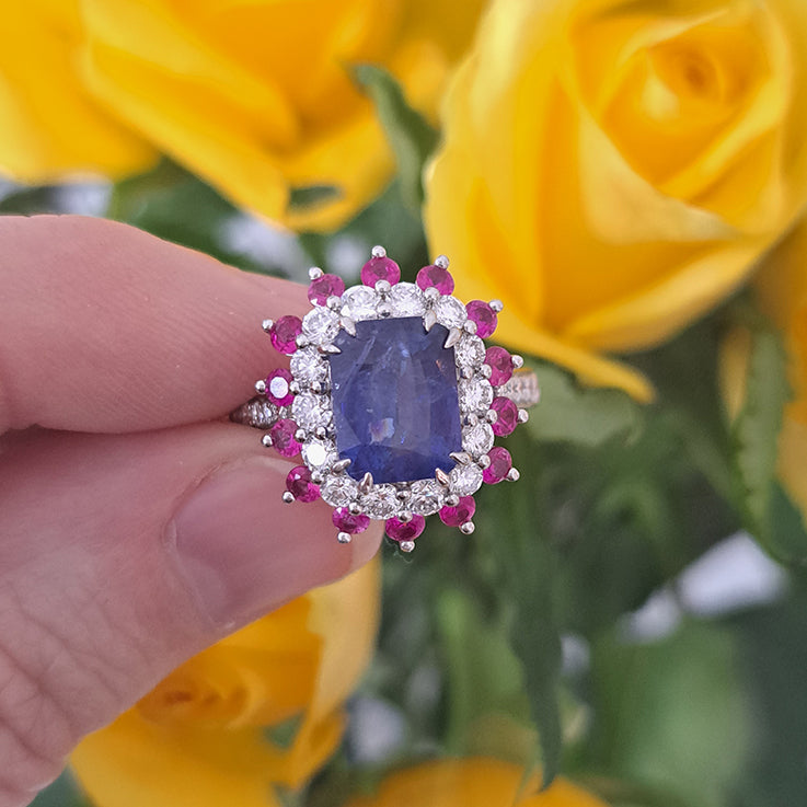 3.73ct Sri Lanka Sapphire Ruby and Diamond Cluster Dress Ring in Platinum